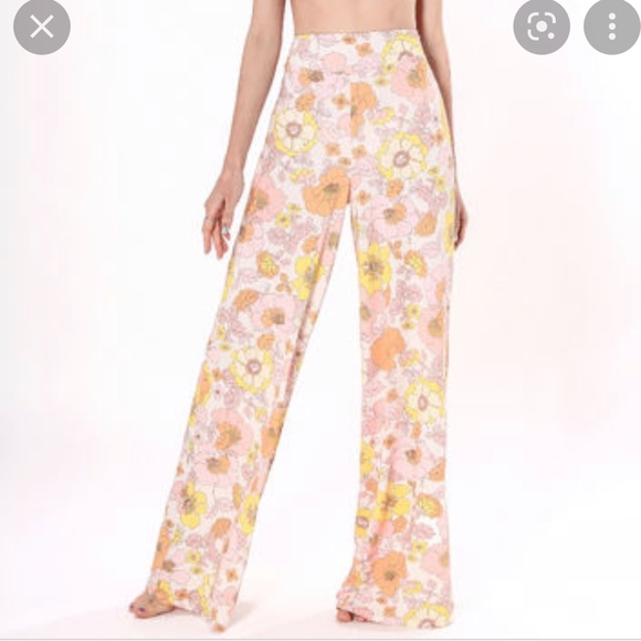 Pants - Women's Casual Floral Print Belted Summer Beach High Waist Wide Leg
